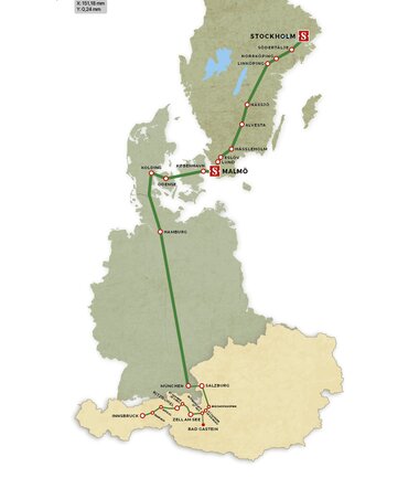 Map showing train routes between Stockholm, Malmö, and several cities in Germany, including various stops. | © snalltaget