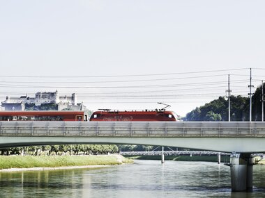 An electric train crosses a bridge over a river, with houses and trees in the background. | © Phahorak Philipp