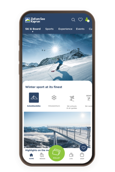 Mobile website for ZSK Zell am See Kaprun featuring winter sports and skiing offerings, with navigation menu and images of snow sports. | © Zell am See-Kaprun