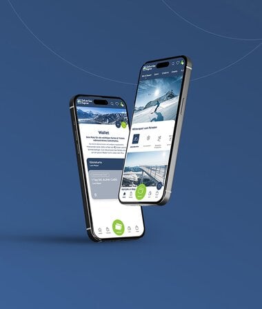 Two smartphones floating against a blue background display screens of a mobile app for winter offerings. | © Zell am See-Kaprun