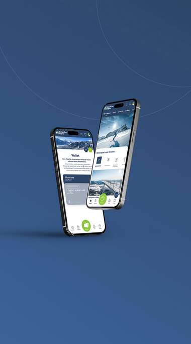 Two smartphones floating against a blue background display screens of a mobile app for winter offerings. | © Zell am See-Kaprun