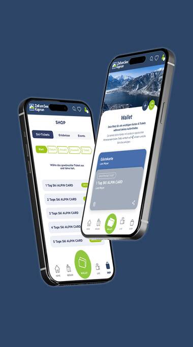 Illustration of two smartphones displaying an app screen against a blue background. | © Zell am See-Kaprun
