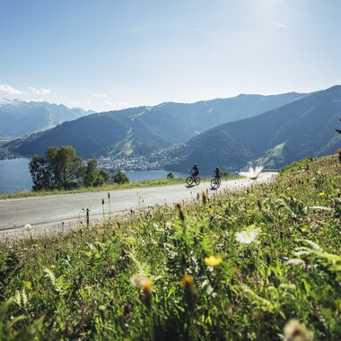 Cyclists riding on a path beside a lake with mountains in the background and a blooming meadow in the foreground on a sunny day. | © Zell am See-Kaprun Tourismus