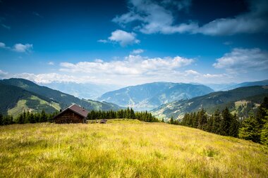 Landscape with meadows, huts, and mountains in the background under a partly cloudy sky in the Alps. | © Zell am See-Kaprun Tourismus