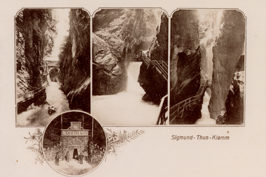Historical postcard of Sigmund-Thun Gorge featuring images of the canyon and bridges. | © Zell am See-Kaprun