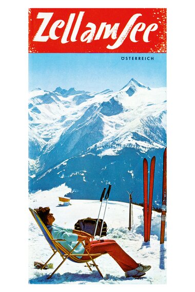 Vintage advertisement for Zell am See ski resort with snowy mountains and a person relaxing in a deck chair.