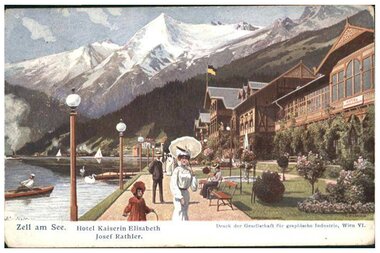 Historical view of Zell am See featuring Hotel Kaiser Elisabeth and mountain scenery in the background.