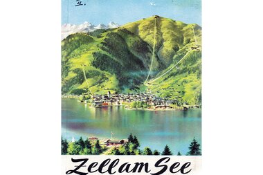 Historical advertisement poster for Zell am See showing the lake, surrounding mountains, a cable car, and the town.