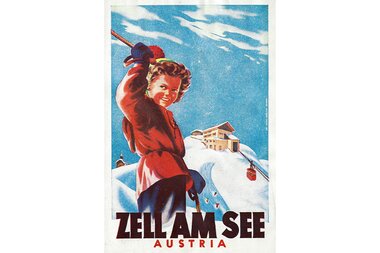 Historical advertising poster for Zell am See in Austria featuring a snowy landscape and winter sports.