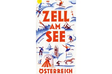 Vintage advertising poster for Zell am See in Austria, featuring skiers, ice skaters, and a mountain landscape in a retro style.