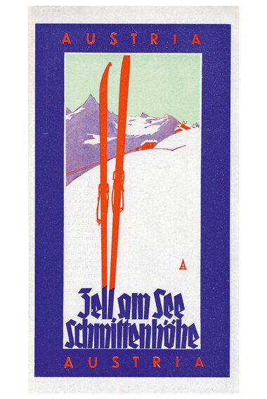 Historical travel poster promoting skiing trips to Austria with snow-covered mountains and skis