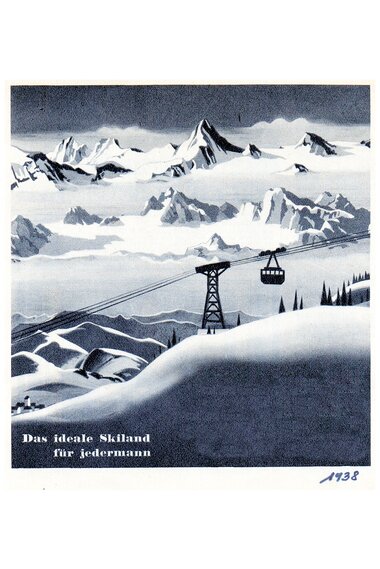 Vintage ski vacation advertisement depicting ski lift in snowy mountain scenery, year 1938.