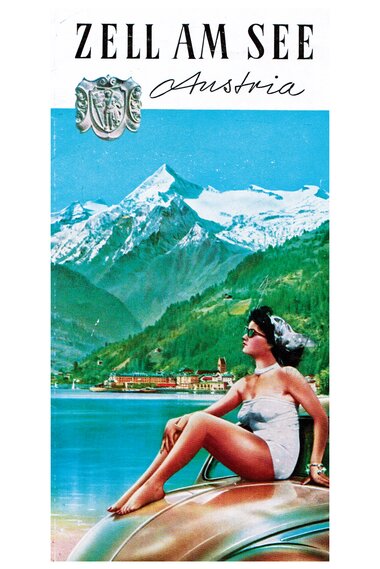 Vintage travel poster for Zell am See, Austria, featuring mountain scenery and a woman by the lake in retro style.