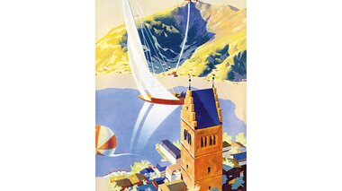 Historical illustration of Zell am See with town, lake, mountain scenery, and a sailboat in the foreground.