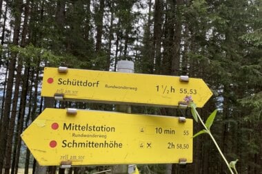 Trail signpost in the forest with yellow signs indicating directions and walking times to various destinations. | © Stephanie Spatt I Zell am See-Kaprun Tourismus