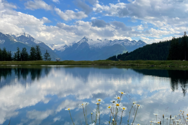 View of a tranquil lake with mountains in the background, blooming flowers at the shore, and a bright blue sky with clouds. | © Stephanie Spatt I Zell am See-Kaprun Tourismus