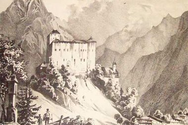 Historical drawing of a medieval castle on a hill amid mountains and landscape. | © Burg Kaprun 