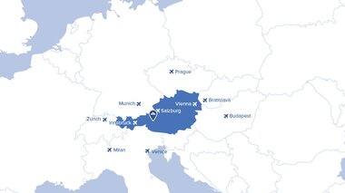 Map of Europe highlighting key German cities such as Berlin, Munich, Frankfurt, Hamburg, Cologne, Stuttgart, Dusseldorf, Leipzig, Dresden, and Vienna.