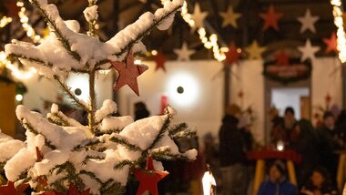 Christmas tree covered in snow with red stars, illuminated at a festive Advent market at Zeller See | © Zell am See-Kaprun Tourismus