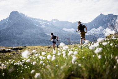 Two people running in an alpine landscape with mountains in the background, surrounded by flowers in the foreground. | © the.adventure.bakery
