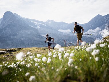 Two people running in an alpine landscape with mountains in the background, surrounded by flowers in the foreground. | © the.adventure.bakery