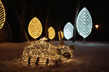 Light installation in the shape of a racoon design on a snow-covered ground, surrounded by illuminated, artfully crafted leaf-like light sculptures. | © MediaProductionBK