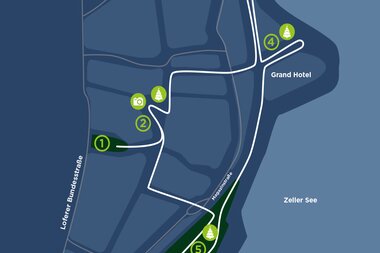 Map overview featuring key attractions and facilities, including the castle park, town square, Grand Hotel, Elisabeth Park, Zeller Lake, Advent Market, and Photopoint. | © Zell am See-Kaprun Tourismus