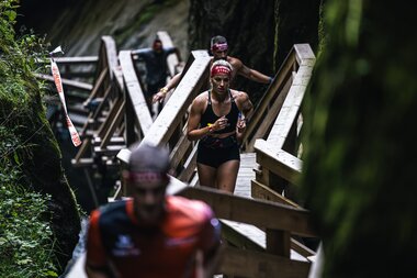 Participants in the Spartan Race climbing a wooden staircase in a lush, natural environment. | © Zell am See-Kaprun Tourismus