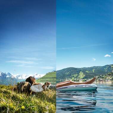 Comparison of a peaceful mountain hike and a relaxing lakeside stroll with mountains and water in the background. | © Zell am See-Kaprun Tourismus