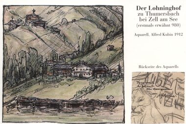 Watercolor by Alfred Kubin from 1912 depicting Lohnerhof in Thumersbach on Lake Zell with mountains and buildings. | © Eberhard Spangenberg/ Bildrecht, Wien, 2018