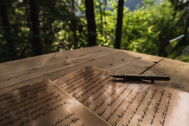 Open book with handwritten text on a wooden table in a forest with green trees and mountains in the background.