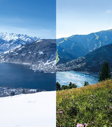 A landscape photo showing the transition between summer and winter at Mitterberg mountains, with snow and green grass. | © Zell am See-Kaprun Tourismus