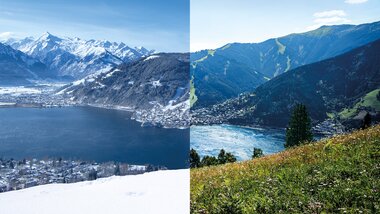 A landscape photo showing the transition between summer and winter at Mitterberg mountains, with snow and green grass. | © Zell am See-Kaprun Tourismus
