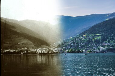 Comparison of a historic and modern view of Zell am See with Schmittenhöhe, surrounded by water and mountains.