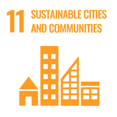 Icon representing sustainable cities and communities with orange buildings for Sustainable Development Goal 11. | © United Nations