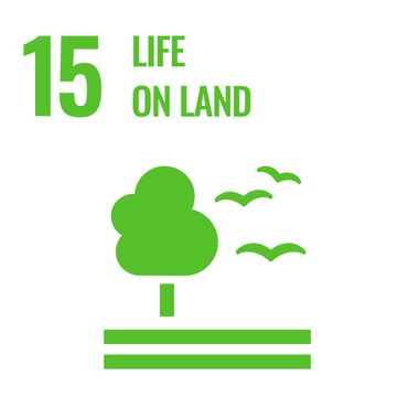 Icon representing Goal 15 of the sustainable development goals: Life on Land, with a tree and flying birds in green. | © United Nations
