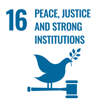 Icon for Sustainable Development Goal 16: Peace, Justice, and Strong Institutions, depicting a gavel, a dove with an olive branch. | © United Nations