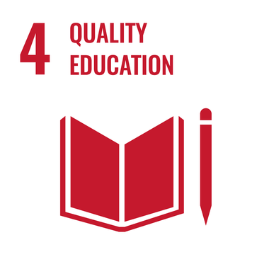 Icon representing education and quality standards, featuring an open book and a pen in red. | © United Nations