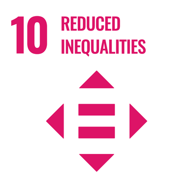 Symbol for Goal 10: Reduced Inequalities, with arrows and a central line in pink. | © United Nations