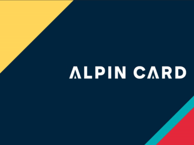 Alpin Card, a ski pass for alpine ski regions, on a dark blue background with colorful diagonal stripes. | © ALPIN CARD