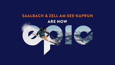 A skier in action during downhill skiing in an alpine terrain, integrated within the Epic Pass logo on a dark background. | © EPAS PR