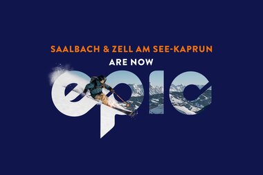 A skier in action during downhill skiing in an alpine terrain, integrated within the Epic Pass logo on a dark background. | © EPAS PR