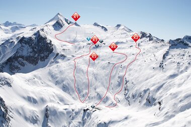 Overview of freeride routes on snowy mountain peaks with marked trails for skiing or snowboarding. | © Kitzsteinhorn