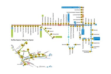 Ski and bus map showing various stops and routes, including Dorfkaprun, Land Salzburg, Snowpark, and other locations. | © Zell am See-Kaprun Tourismus