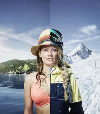 Split image featuring summer and winter themes, shows a woman by the water with mountain scenery in the background. | © Zell am See-Kaprun Tourismus