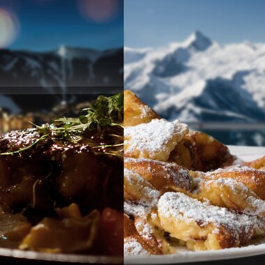 A split image: a piece of steak on the left and a Kaiserschmarrn with powdered sugar on the right on a white plate on a wooden table, with a mountain panorama in the background. | © Zell am See-Kaprun Tourismus