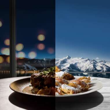 A split view of a city at night on one side and a snowy mountain landscape during the day on the other side. | © Zell am See-Kaprun Tourismus