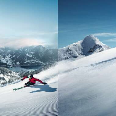 Split-screen image with a skier in action on the left and a snowy mountain peak on the right, winter landscape. | © Zell am See-Kaprun Tourismus