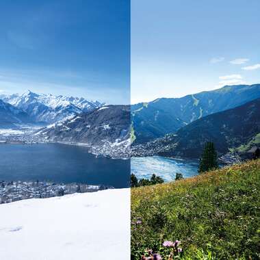 Comparison of mountainous landscape with snow by a lake and a lush, flower-covered hillside. | © Zell am See-Kaprun Tourismus