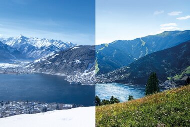 Comparison of mountainous landscape with snow by a lake and a lush, flower-covered hillside. | © Zell am See-Kaprun Tourismus